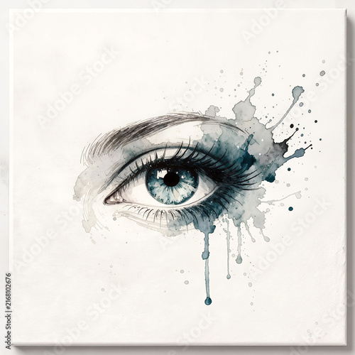 Artistic Watercolor Painting of Blue Eye with Dramatic Ink Splatters