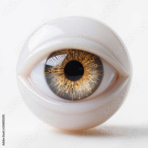 Isolated Realistic Bionic Eyeball with Golden Tech Circuit Iris