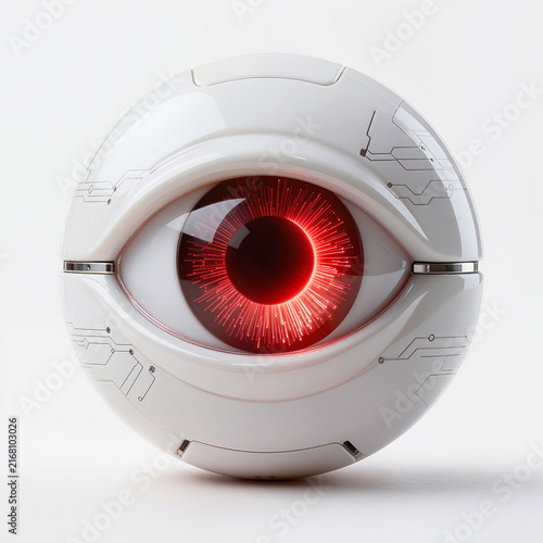 Futuristic Spherical Bionic Robot Eye with Glowing Red Tech Iris