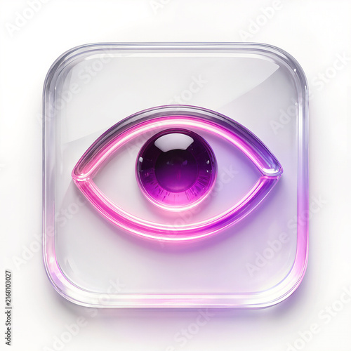 Glassmorphism Eye App Icon with Glowing Pink and Purple Neon Interface Elements