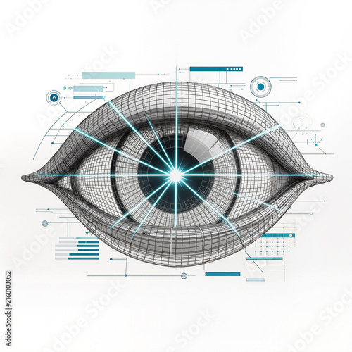 Futuristic 3D Wireframe Eye with Glowing Laser Scan and Tech Interface Elements
