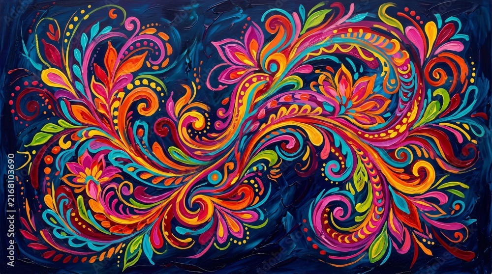 Fototapeta premium Patrón floral abstracto vibrante al óleo para el Mes de la Herencia Hispana, arte folclórico latinoamericano sobre fondo azul.