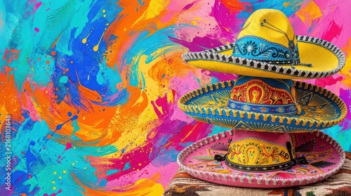 Vibrant sombreros stacked on colorful background ,Hispanic Heritage Celebration Month, Latino Ctivalultural Festival, Cinco de Mayo, Día de los Muertos, Carnaval, Inti Raymi