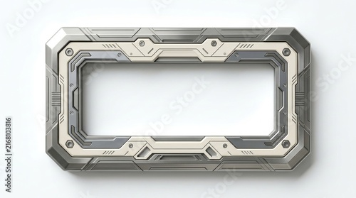 Rectangular Futuristic Metal Frame With Intricate Mechanical Details Isolated On White Background