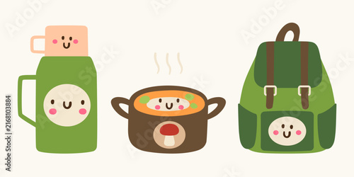 cute green camping backpack thermos and soup pot characters flat vector illustration funny happy autumn harvest food mascot collection isolated design