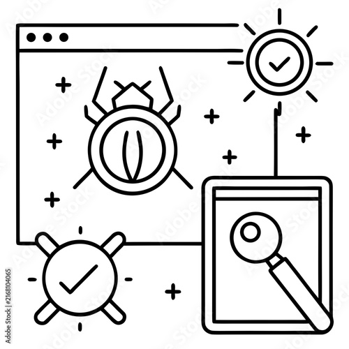Cybersecurity concept with network protection shield bug and magnifying glass illustration