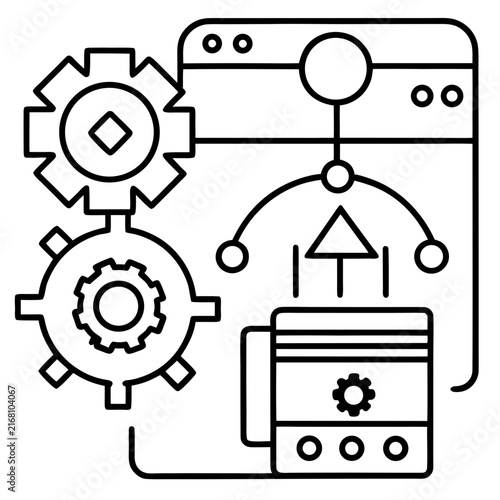 Automation process with gears server and data transfer line art illustration