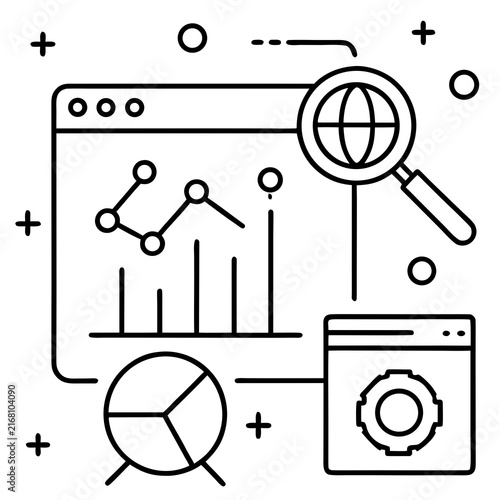 Data analysis concept with line graph pie chart and global network illustration
