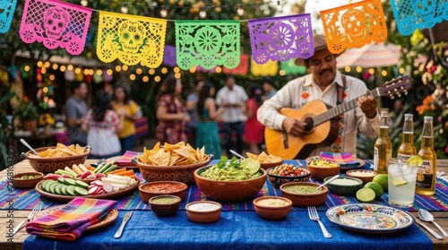 Vibrant mexican fiesta celebration with food ,Hispanic Heritage Celebration Month, Latino Ctivalultural Festival, Cinco de Mayo, Día de los Muertos, Carnaval, Inti Raymi