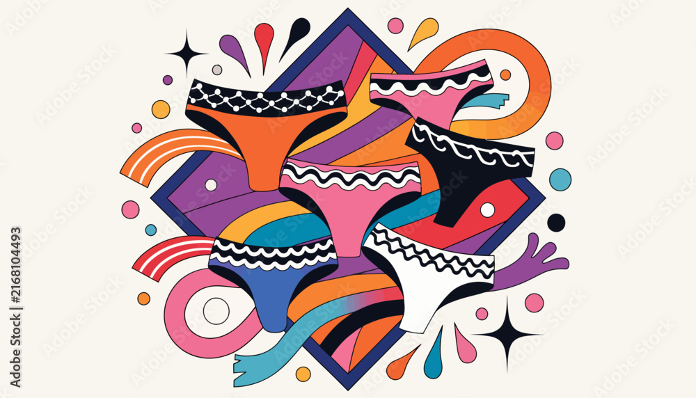 Obraz premium Vibrant Underwear Illustration - Diverse Styles and Colors, Abstract Shapes, Fun Graphic Design