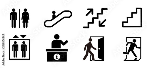Public facility and wayfinding pictogram vector icon set. 8 black silhouette icons for restroom, escalator, stairs, elevator, information desk, and emergency exit.