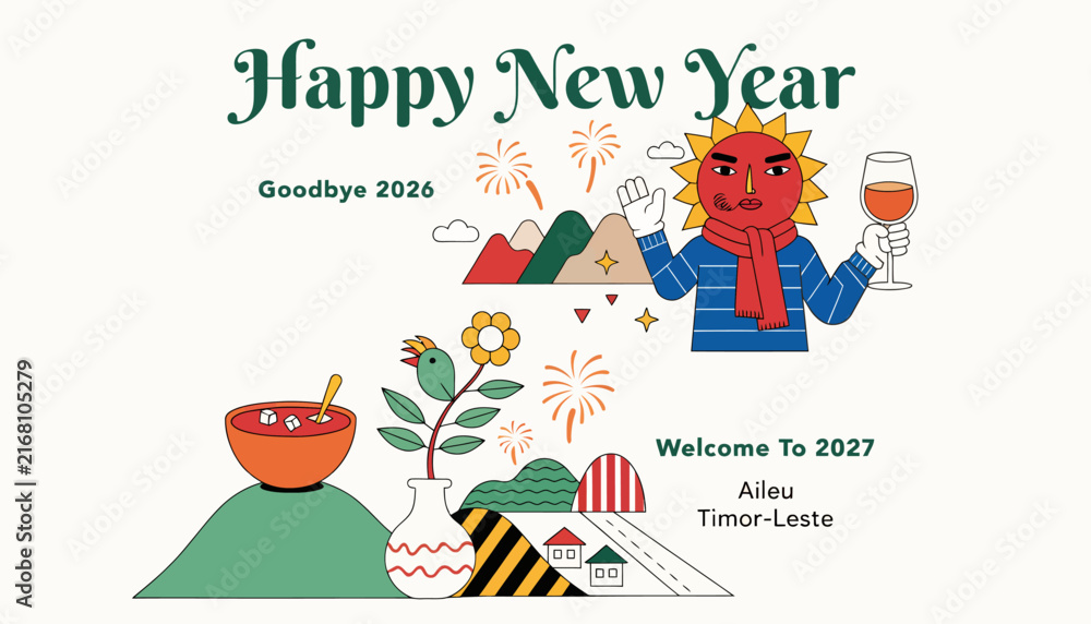 Fototapeta premium Happy New Year 2027 Celebration: Sun Character Toasting with Wine, Bird, Mountains, Fireworks