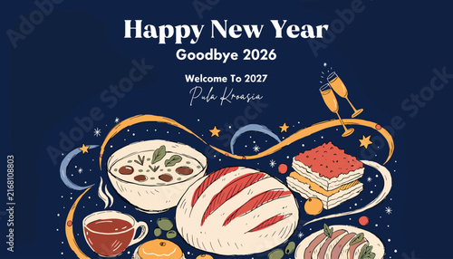 Happy New Year 2027 Celebration Feast with Festive Decorations and Champagne Toast