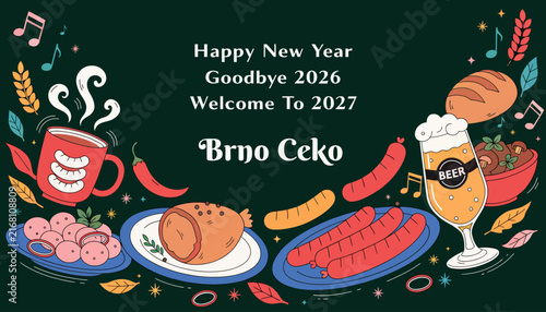 Happy New Year 2027 Celebration: Festive Food, Drinks, and Music on Dark Green Background