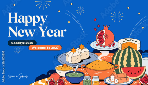 Happy New Year 2027 Celebration with Festive Food and Fireworks - Goodbye 2026