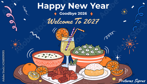 Happy New Year 2027 Greeting Card with Festive Food and Drinks, Party Decorations - Goodbye 2026