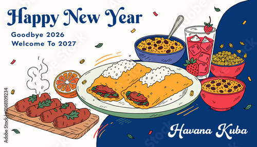 Happy New Year Havana Cuba 2027 Food Celebration Festive Greeting Card with Cuban Cuisine