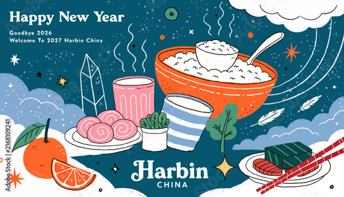 Happy New Year Harbin China 2027, Festive Food Illustration with Orange, Dumplings, Rice Bowl and Chopsticks