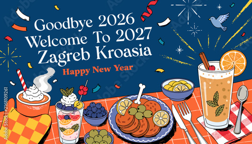 Happy New Year Zagreb Croatia 2027 Celebration with Festive Drinks and Food. Goodbye 2026, Welcome 2027.