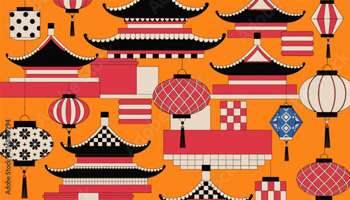 Vibrant Asian Pagoda and Lanterns Pattern - Traditional Chinese Architecture and Decoration
