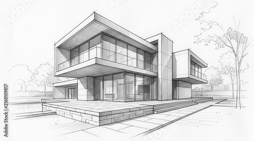 A detailed pencil and marker architectural sketch of a contemporary house facade.