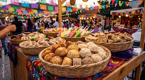 Colorful mexican festival food market scene ,Hispanic Heritage Celebration Month, Latino Ctivalultural Festival, Cinco de Mayo, Día de los Muertos, Carnaval, Inti Raymi