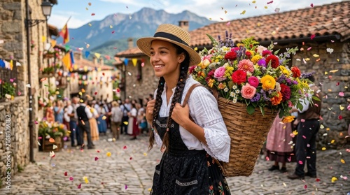 Smiling Latina woman carrying colorful flowers ,Hispanic Heritage Celebration Month, Latino Ctivalultural Festival, Cinco de Mayo, Día de los Muertos, Carnaval, Inti Raymi