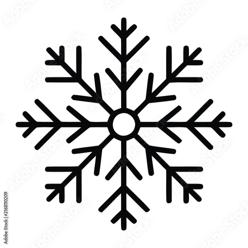 Simple snowflake icon, black winter crystal vector illustration for holiday design projects.