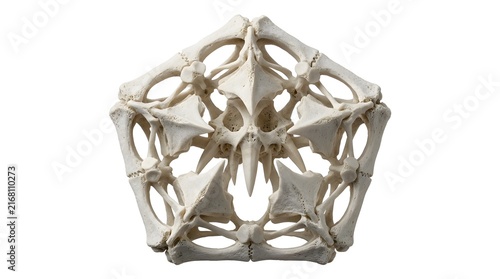 Natural animal skull assembly shaped in a pentagonal pattern demonstrating complex biological structure for educational biology research and medical anatomical studies in university science