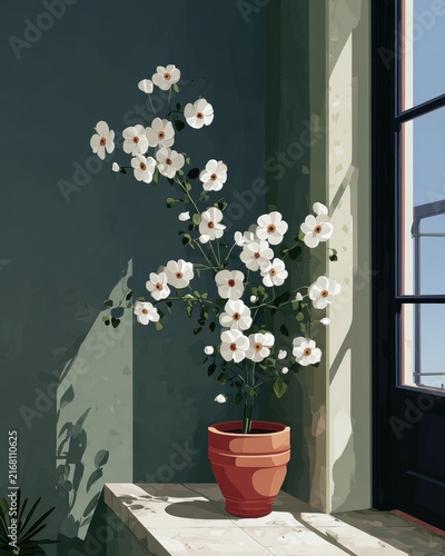 Delicate white flowers in terracotta pot, sunlight illuminating soft green wall, serene