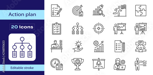 Action plan editable stroke vector icon set with strategy, goals, business planning, productivity, teamwork, target, analytics, success, leadership and management symbols.