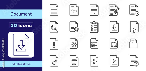 Document editable stroke vector icon set with file, download, upload, checklist, contract, report, folder, archive, signature, settings, security and digital paperwork symbols.