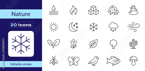 Nature editable stroke vector icon set with weather, wildlife, plants, water, fire, snowflake, sun, moon, leaves, insects, birds, fish, cactus and outdoor environment symbols.