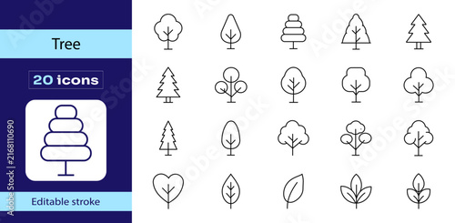 Tree outline icon set with 20 editable stroke botanical symbols, forest and nature line icons, evergreen, leaf and plant illustrations isolated on white background.