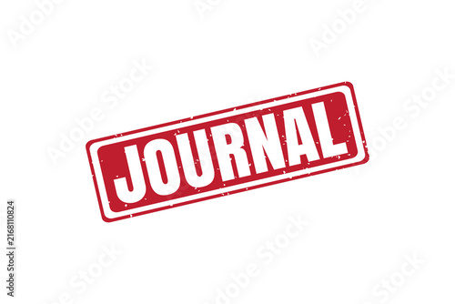 Red rectangular rubber stamp with the word journal in white capital letters featuring a distressed grunge texture on a white background surface isolated on a transparent background