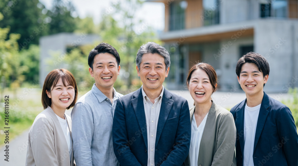 Fototapeta premium 設計事務所の屋外で笑顔を見せる代表と従業員たち