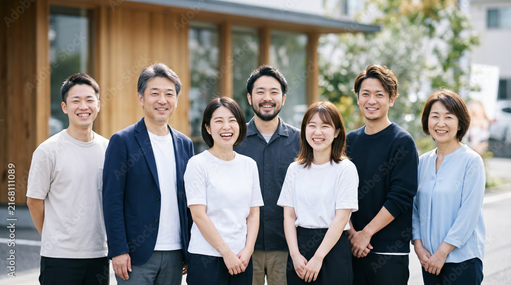 Obraz premium 工務店やクリエイティブ系会社の前で笑顔で並ぶ経営者とスタッフ一同