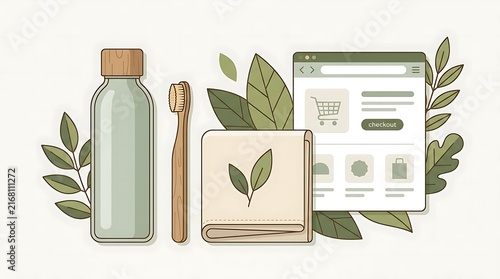 Eco-friendly bath products and online shopping vector scene.