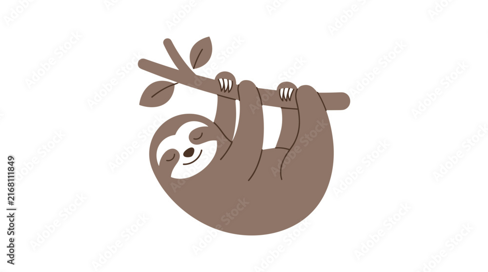 Naklejka premium A cute sleeping sloth hanging on a tree branch, vector illustration style. Perfect for children nursery decor, nature graphics, baby shower invitations, and whimsical wildlife designs.