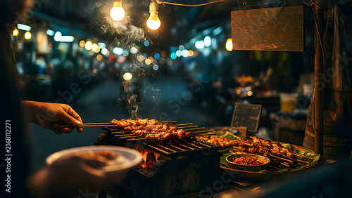 Street vendor grilling meat skewers at a nighttime market