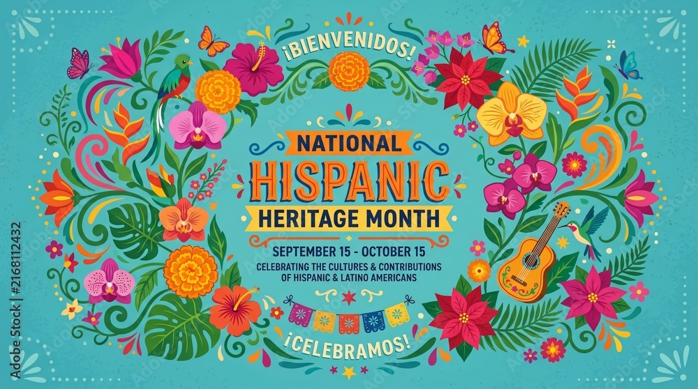 Obraz premium Banner festivo del Mes de la Herencia Hispana con flores tropicales, quetzal, guitarra y elementos folclóricos tradicionales.