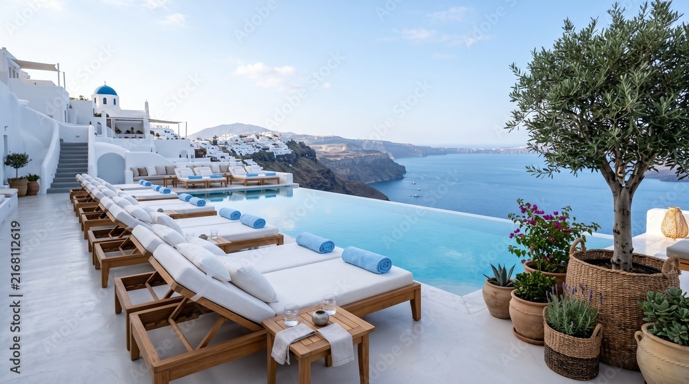 Fototapeta premium Luxury Infinity Pool with Caldera View in Santorini, Greece