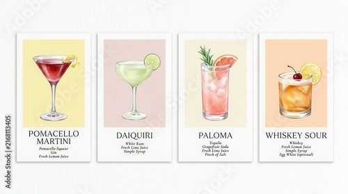 A collection of watercolor cocktail recipe cards including a Pomacello Martini, Daiquiri, Paloma, and Whiskey Sour.