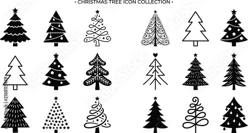 Collection of vintage christmas tree illustrations in black and white sketch style