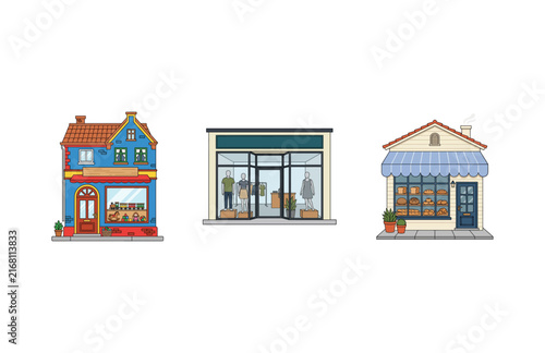 Фотография Colorful Street Level Commercial Shop Fronts and Local Store Buildings Illustrat