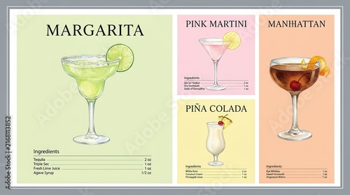 Cocktail recipe art posters with Margarita, Pink Martini, Piña Colada, and Manhattan watercolor designs.