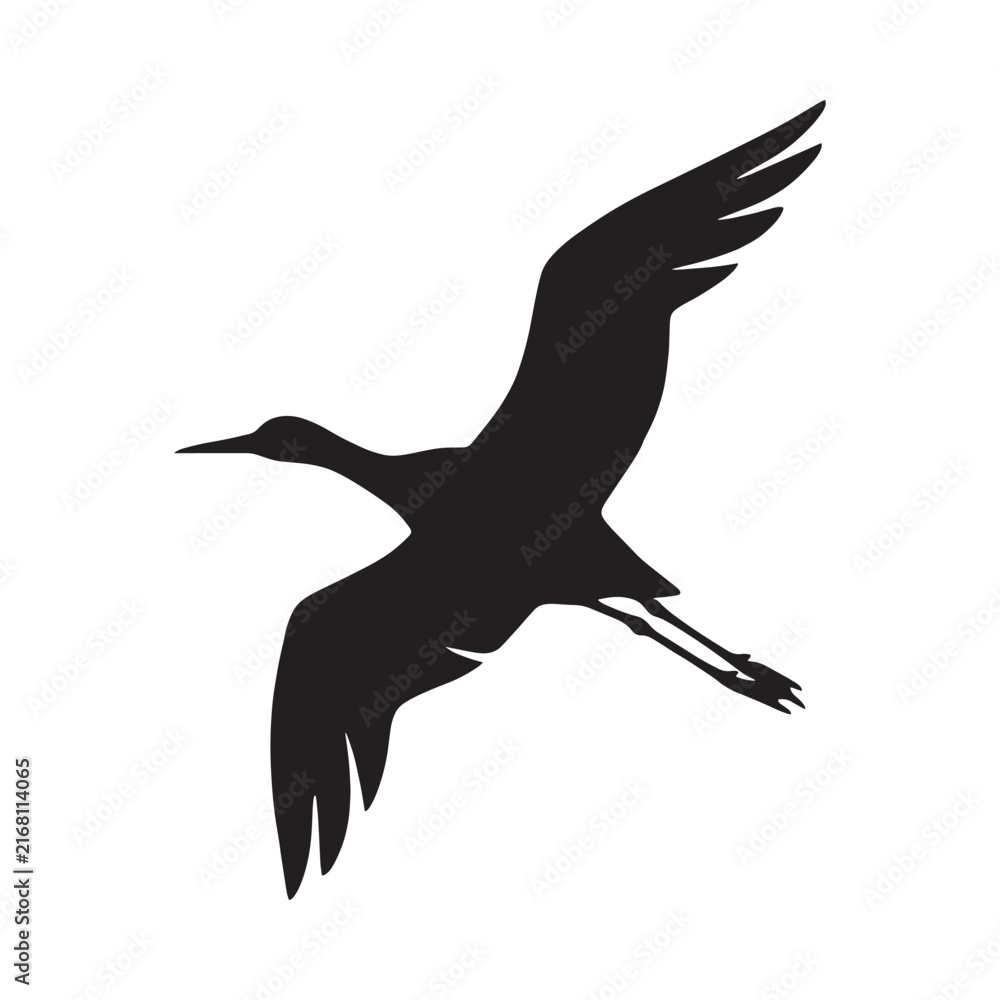 Naklejka premium Crane silhouette in flight a black shape against a white background