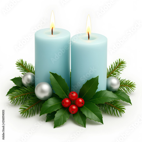 Two lit light blue Christmas candles decorated with holly berries, pine branches, and silver ornaments isolated on white background