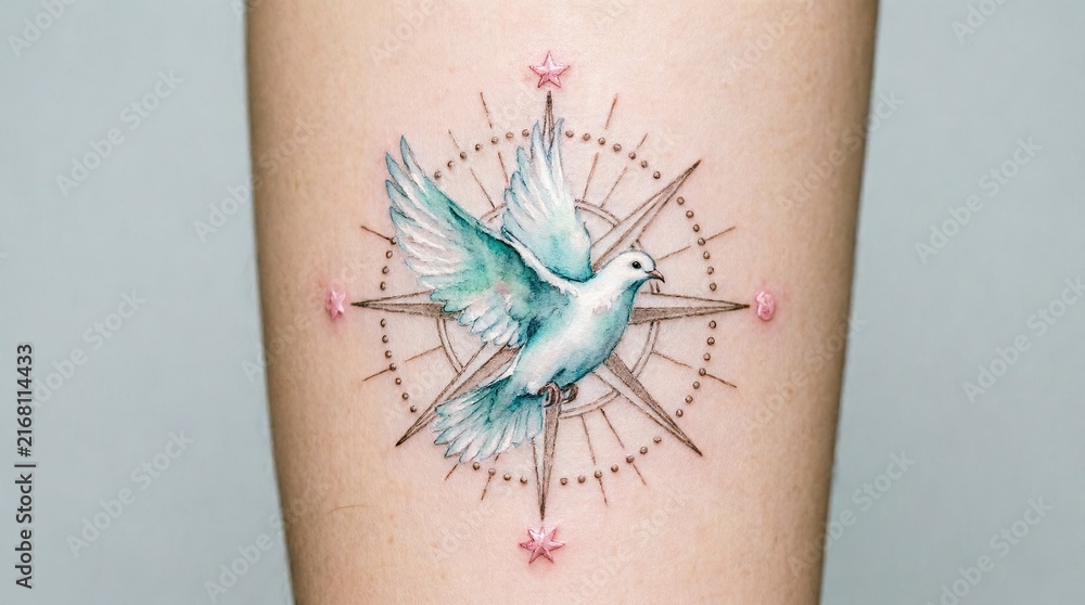 Naklejka premium Colorful hummingbird tattoo surrounded by compass geometry 