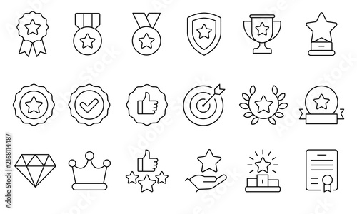 Success badge line icons collection, award trophy medal crown and quality guarantee symbols set for UI UX.